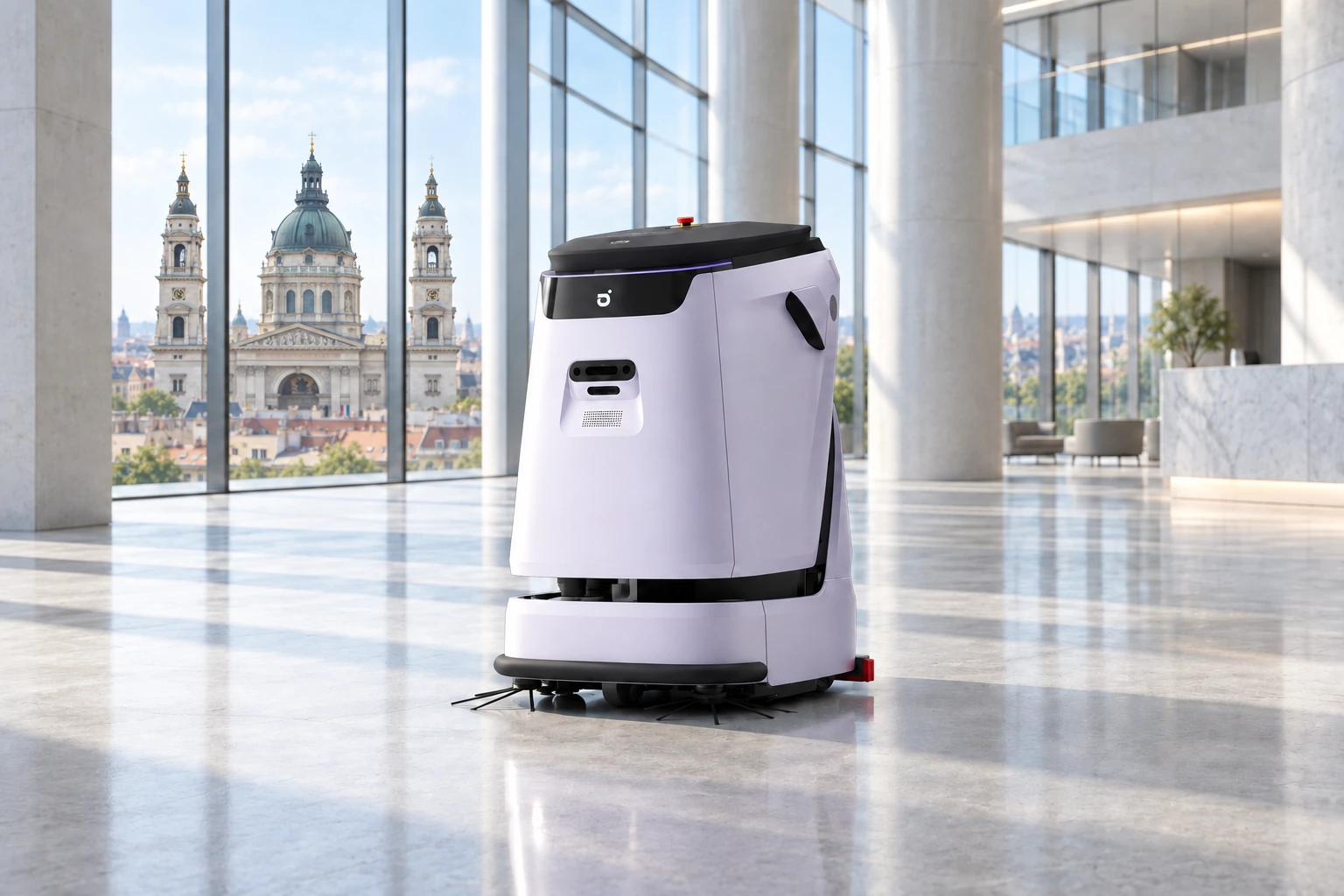 AGIBOT C5 irodai átriumban, a háttérben a Szent István-bazilikával – illusztráció