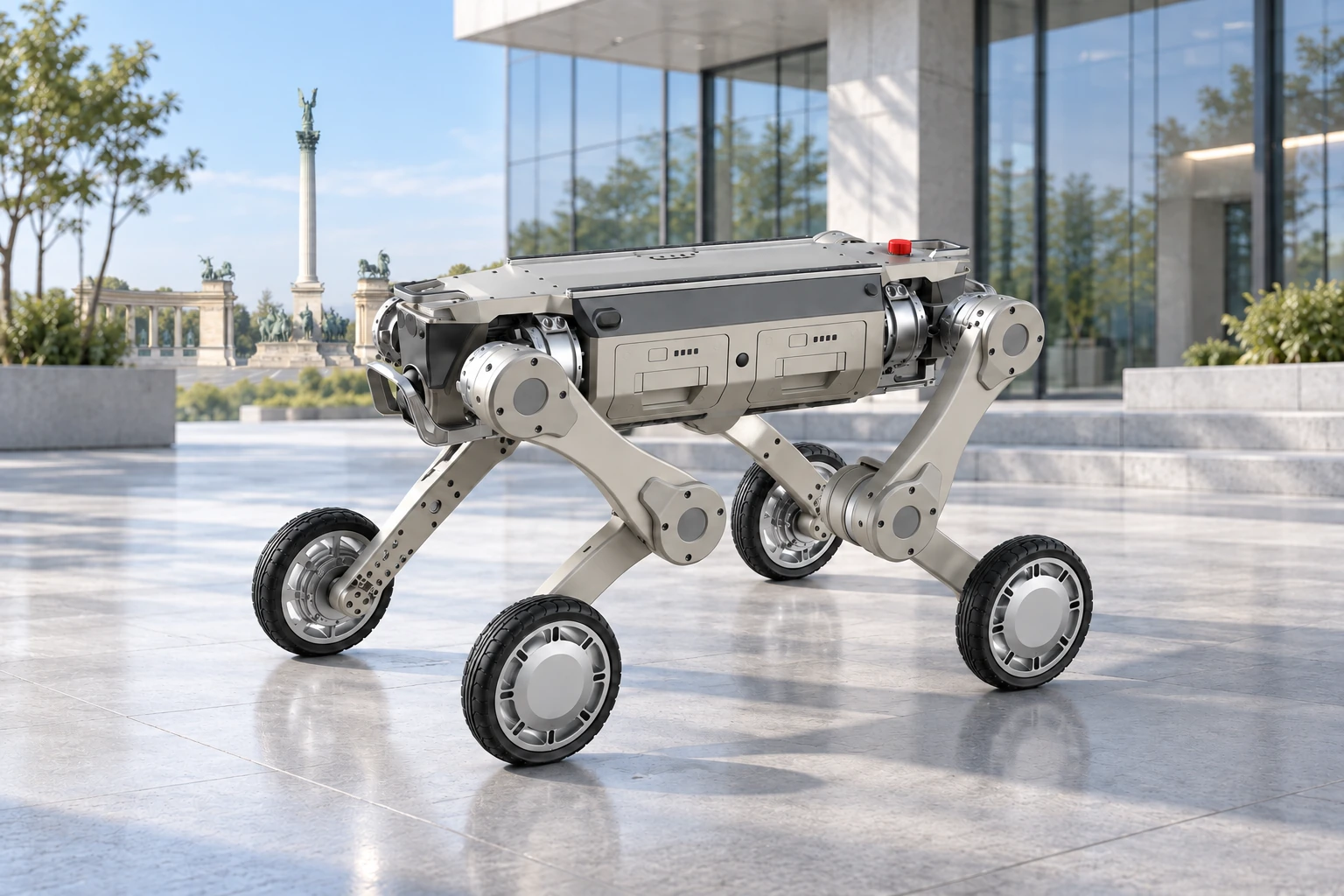 AGIBOT D1 Max budapesti környezetben, a háttérben a Hősök terével – illusztráció
