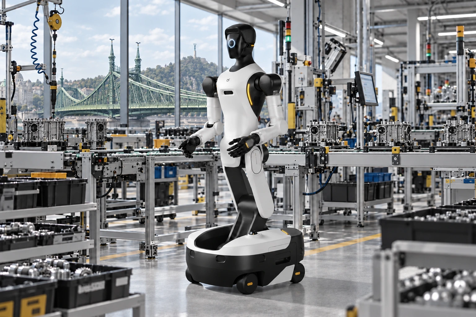 AGIBOT G2 automatizált gyártósoron, a Szabadság híddal a háttérben AGIBOT G2 automatizált gyártósoron, a Szabadság híddal a háttérben