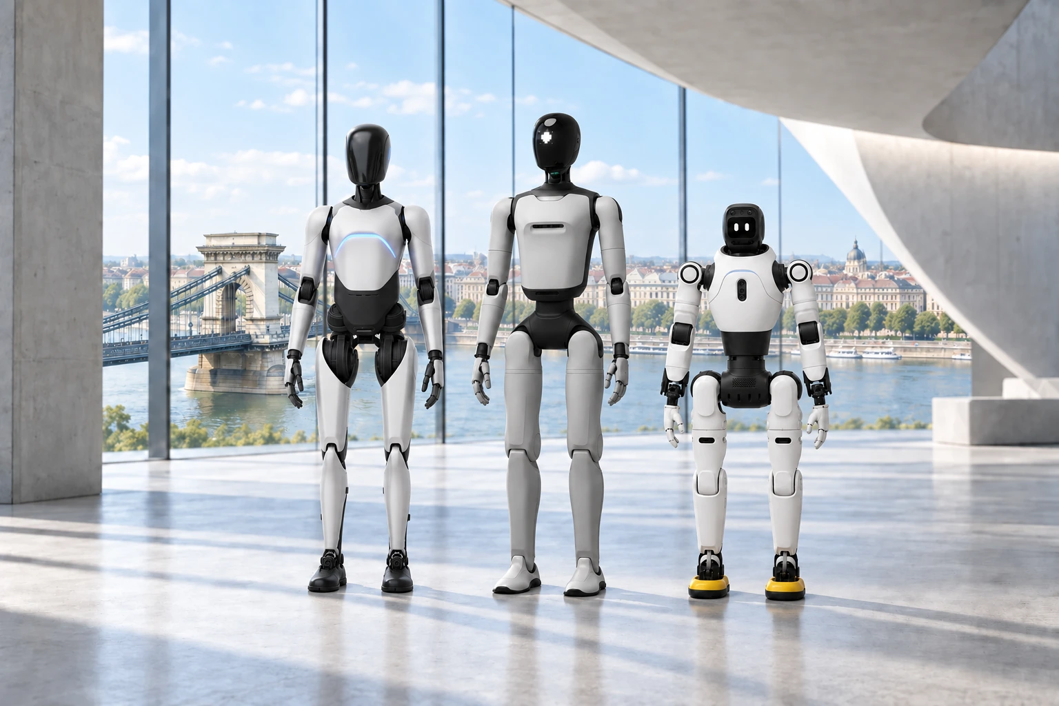 AGIBOT A3 Ultra, A2 Ultra és X2 Ultra, a háttérben a Lánchíddal – illusztráció