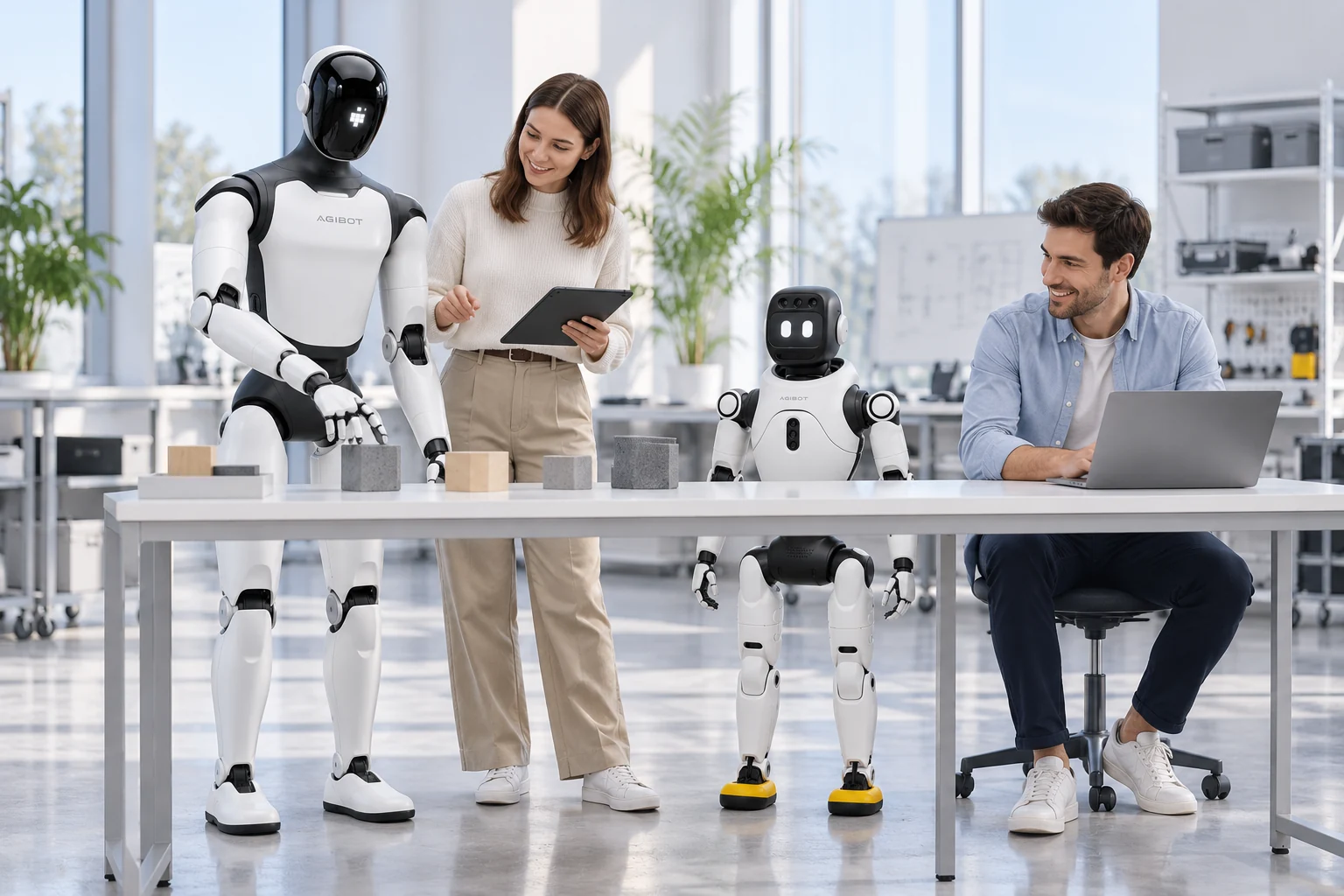 Mérnökök AGIBOT humanoid robotok alkalmazását tesztelik egy fejlesztőlaborban