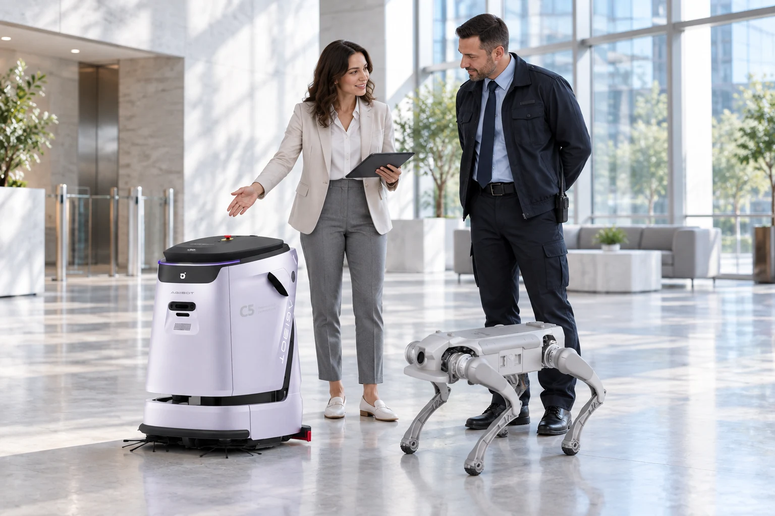 C5 takarítórobot és D1 robotkutya bemutatása egy létesítmény üzemeltetőjének