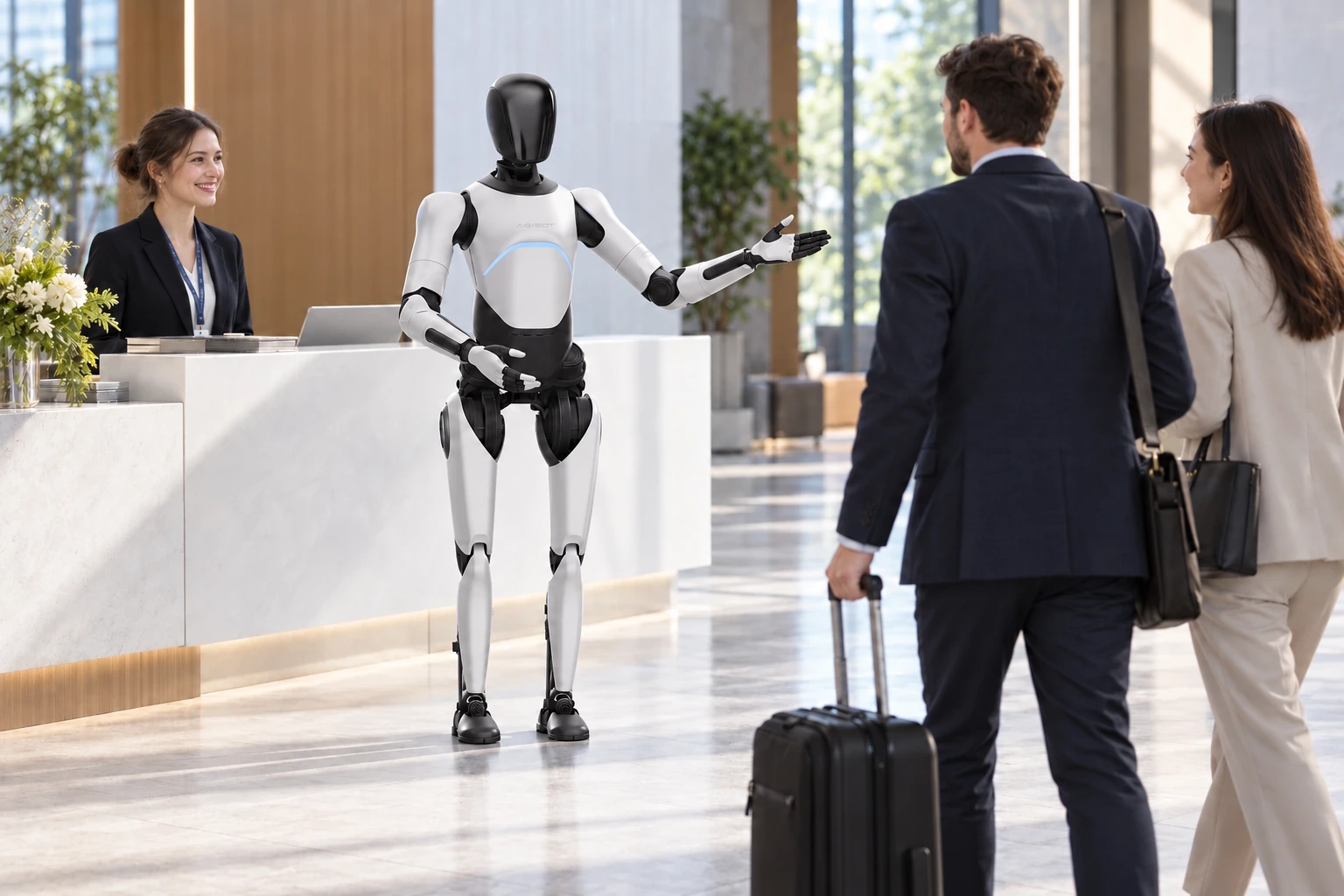 AGIBOT A2 Ultra — Vendégfogadás üzleti rendezvényen — felhasználási illusztráció