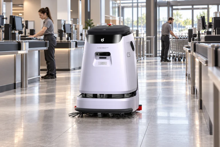 AGIBOT C5 – Úklid podlah v pokladní zóně prodejny